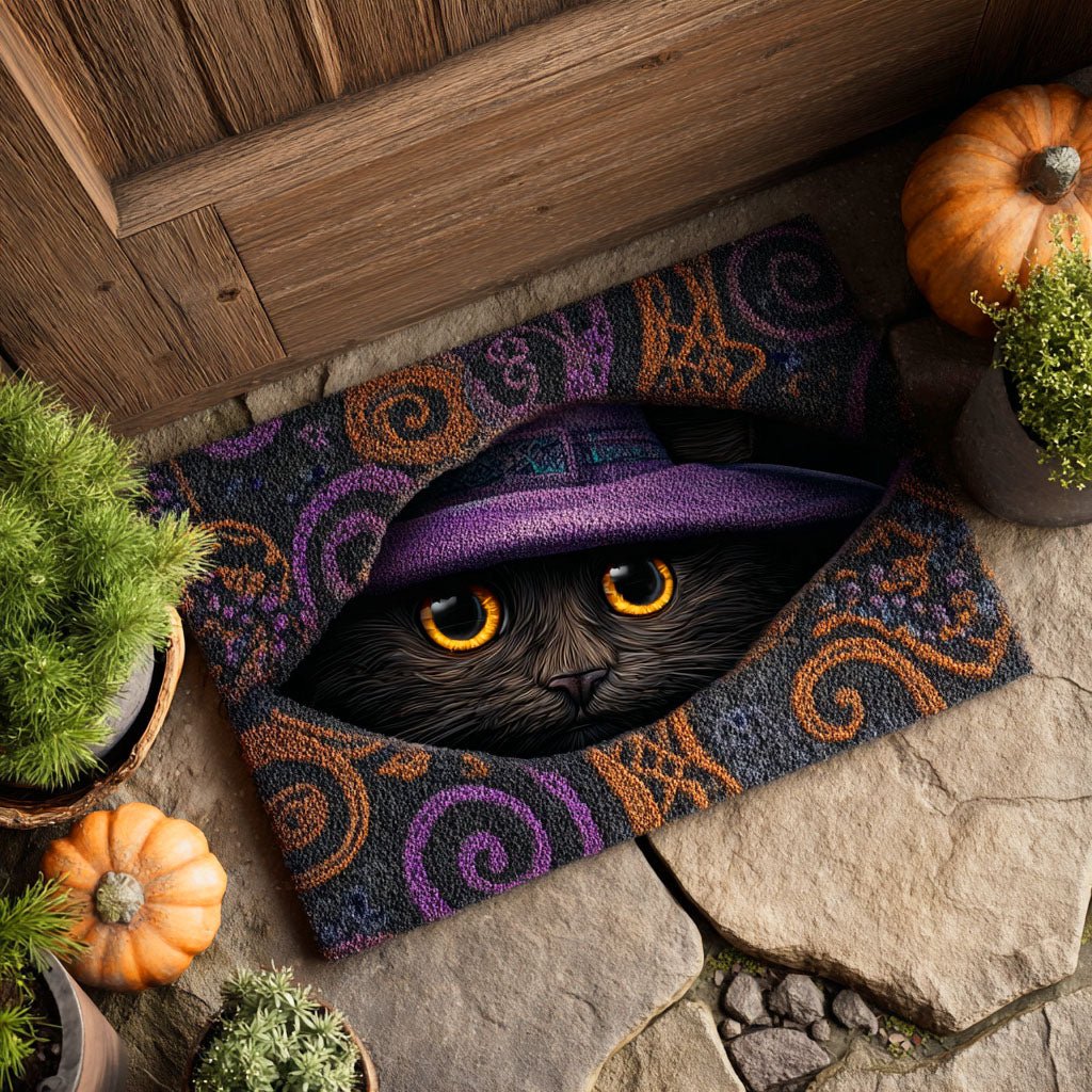 Witch Cat Night Doormat - Seasonal Holiday Design | Printed Welcome Doormat