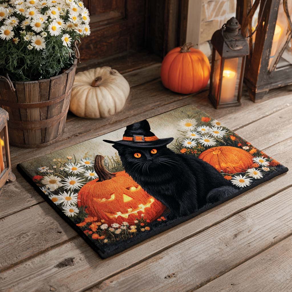 Witch Cat Night Doormat - Seasonal Holiday Design | Printed Welcome Doormat