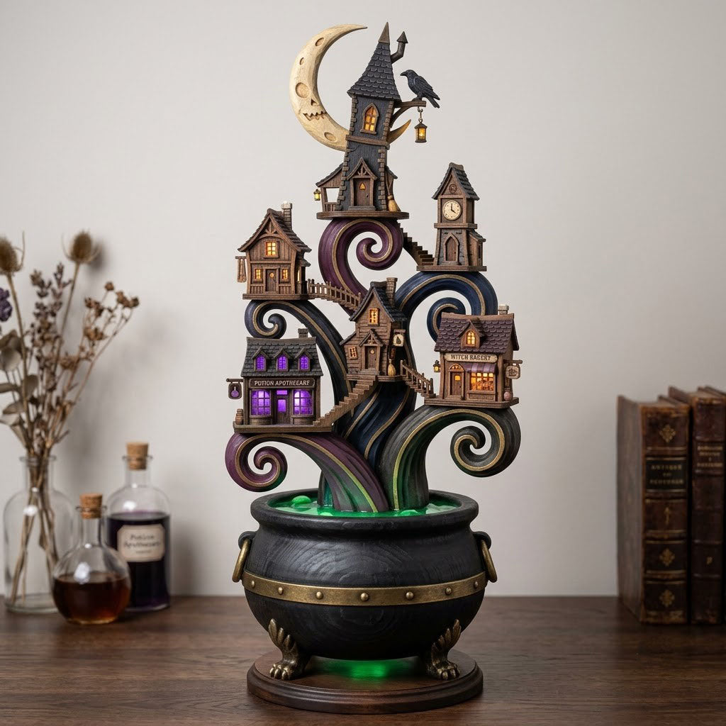 Witch Cauldron City wooden block, laser-cut 3-layer wood