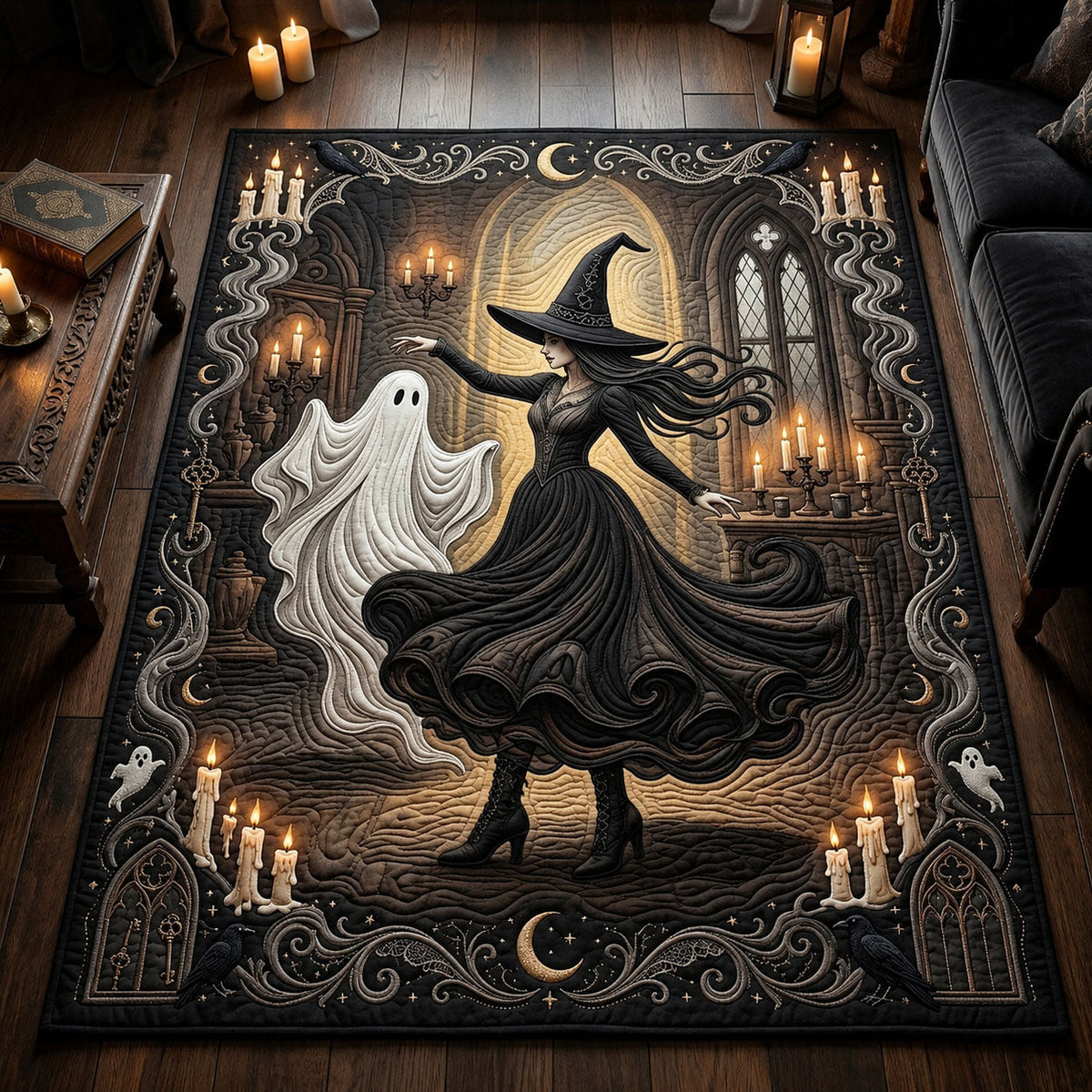 Witch Dancing With Ghost area rug in a living room