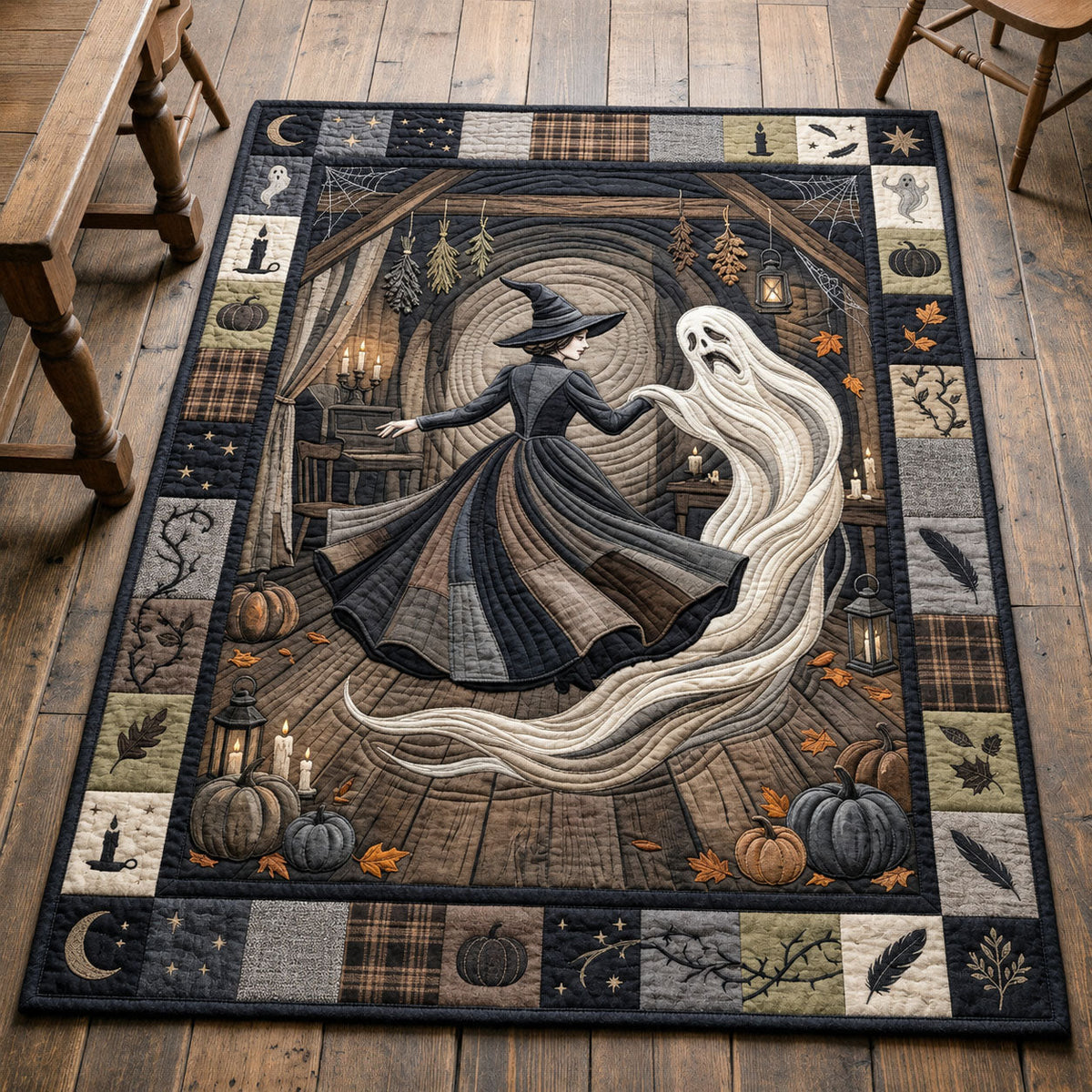 Witch Dancing With Ghost area rug in a living room