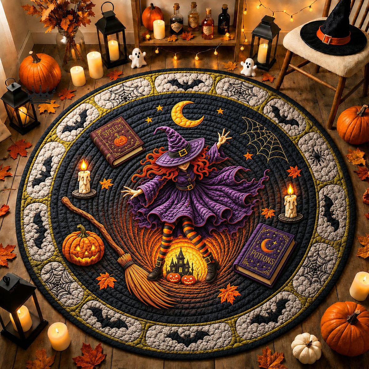 Witch Falling Hole Halloween Round Mat Rug - washable non-slip printed rug