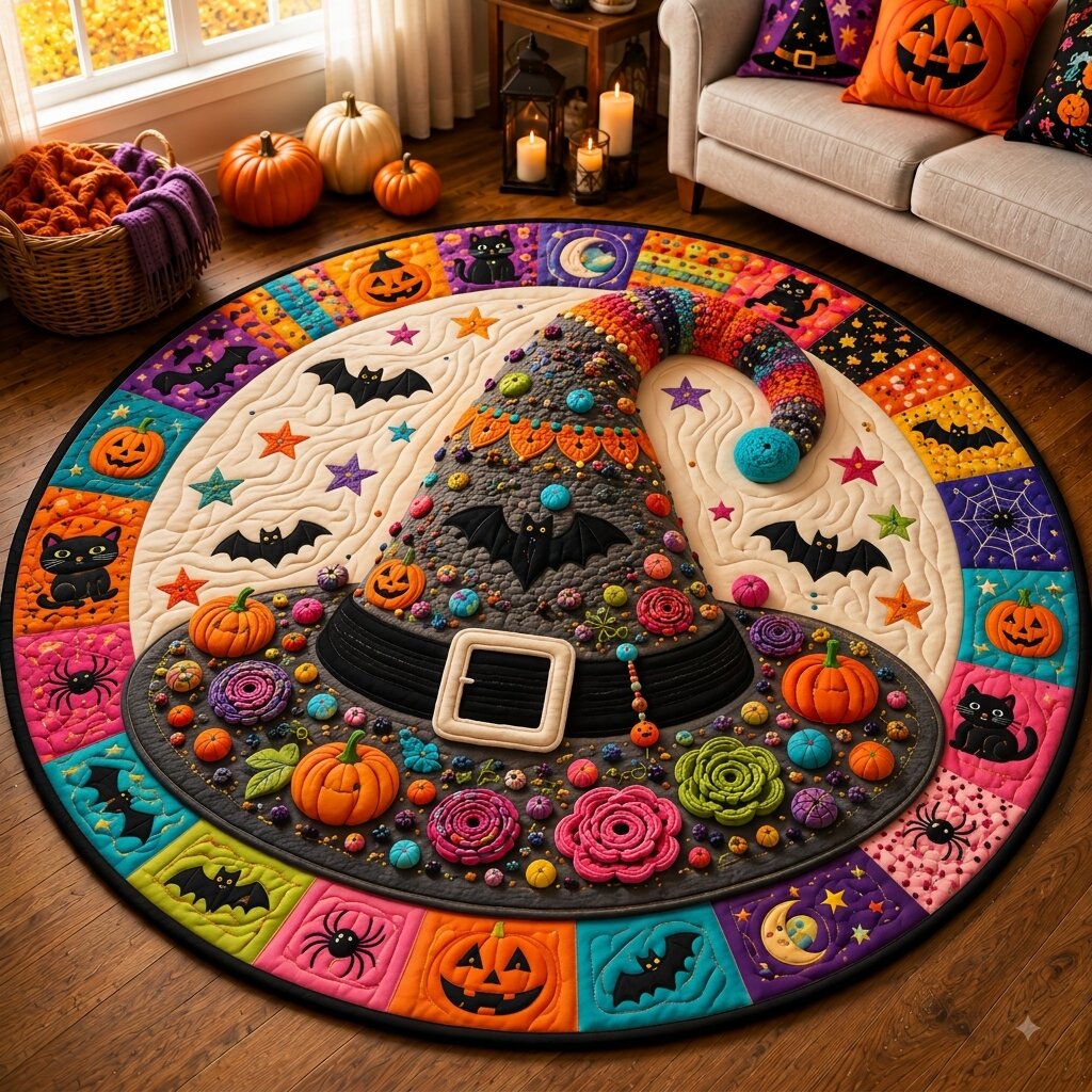 Witch Harvest Round Mat Rug - Seasonal Design | Festive Home Decor - washable non-slip printed rug