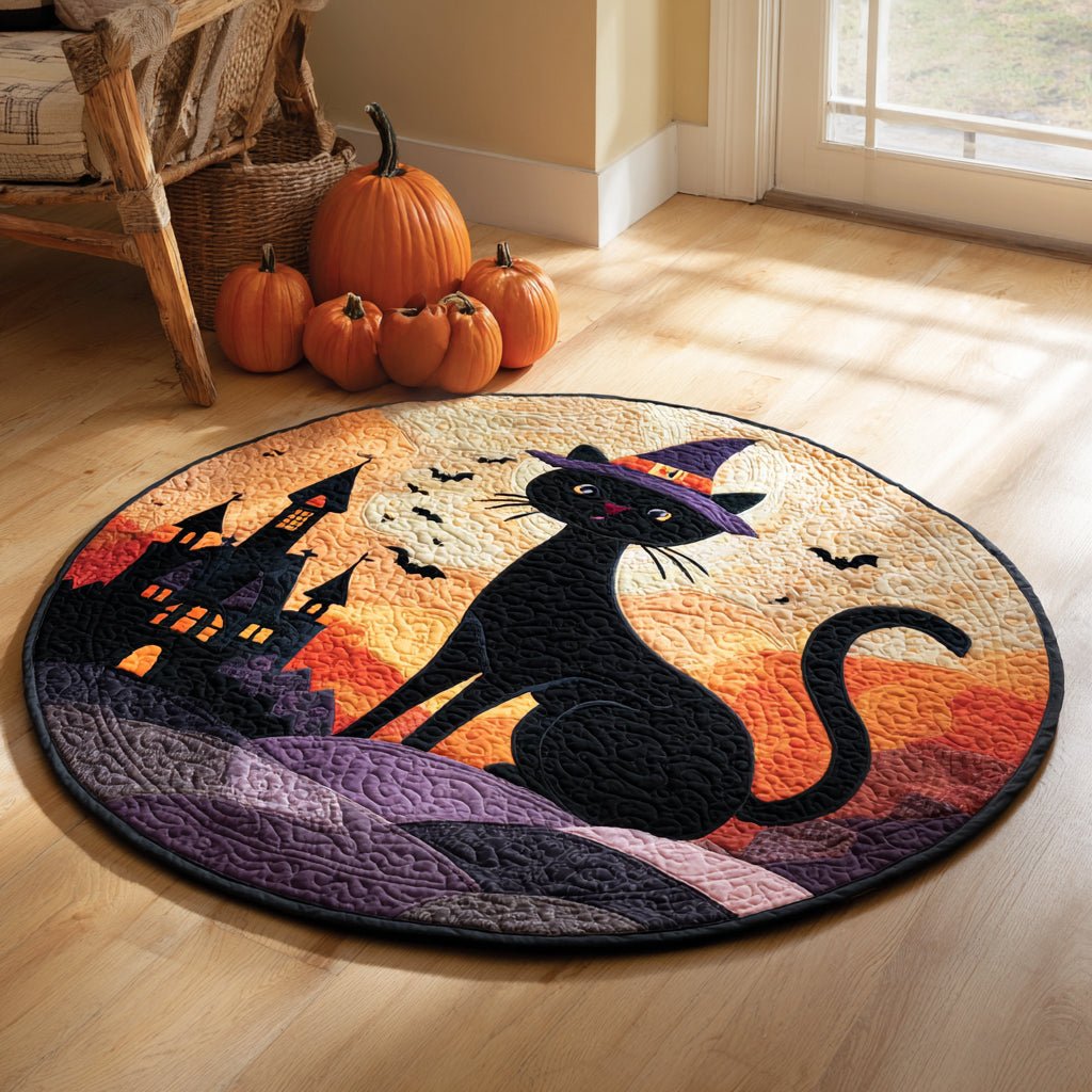 Witch Hat Black Cat Halloween Round Mat Rug - Cute Pet Design | Animal Printed Home Decor