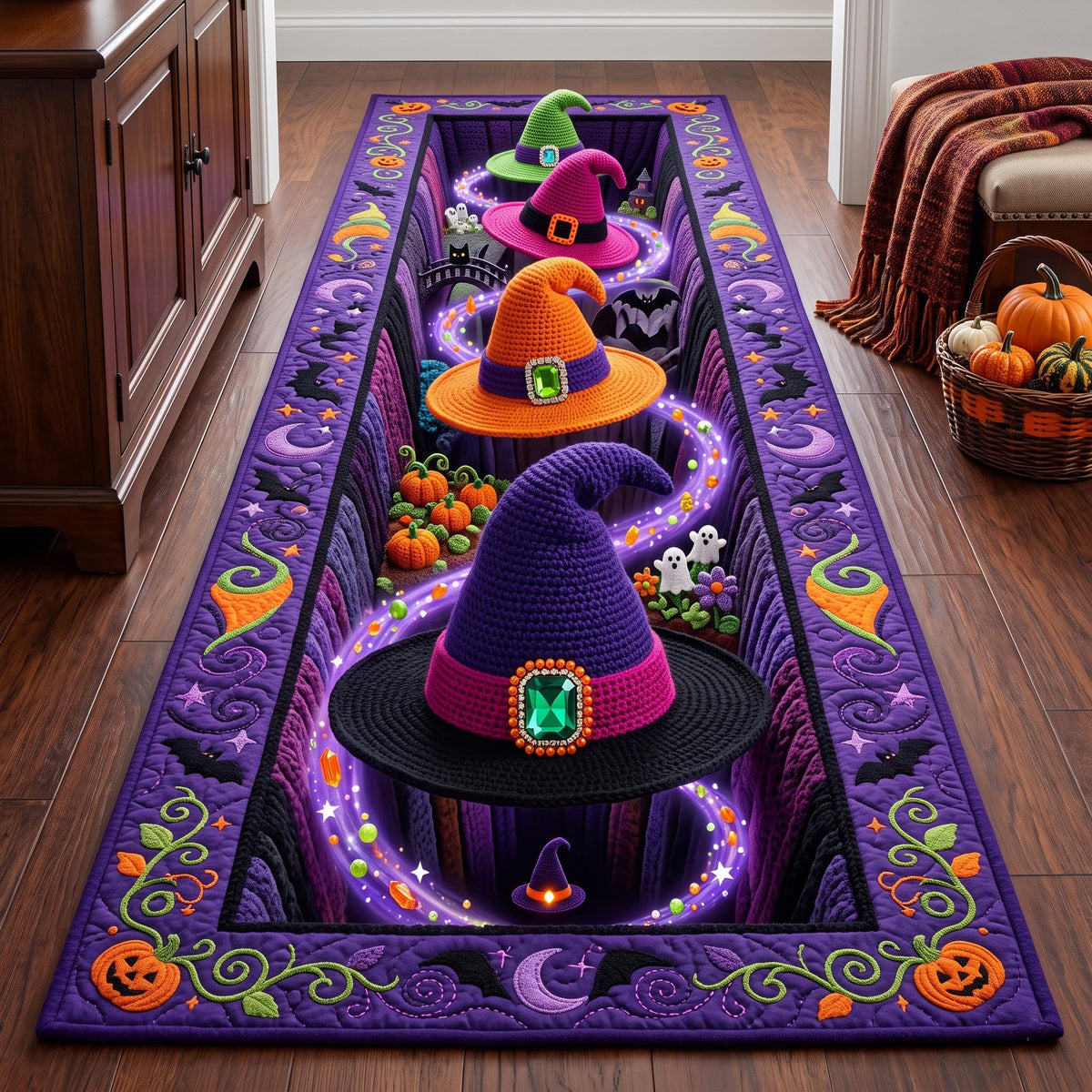Witch Hat Runner Rug - Seasonal Design | Festive Runner Rug - washable non-slip printed rug