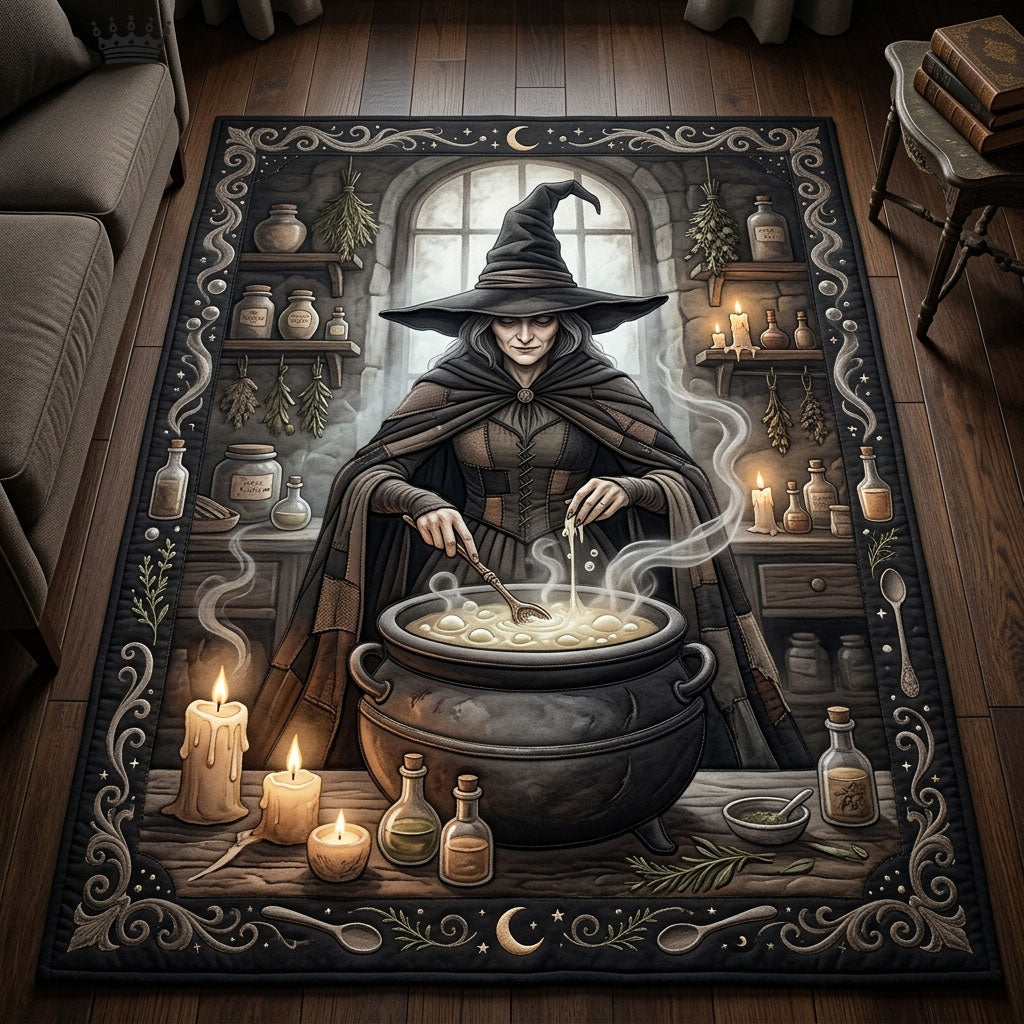 Witch Making Potions area rug in a living room