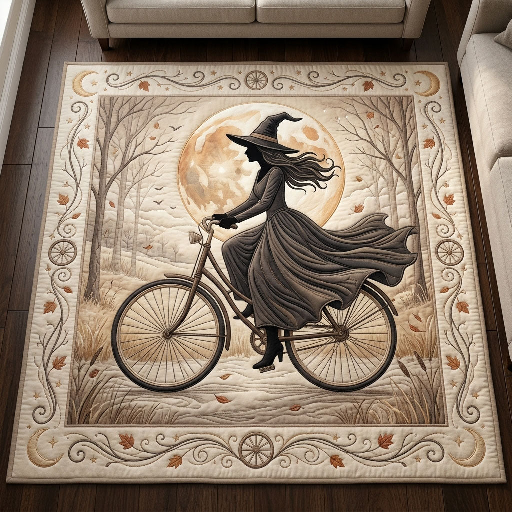 Witch On Bicycle area rug in a living room