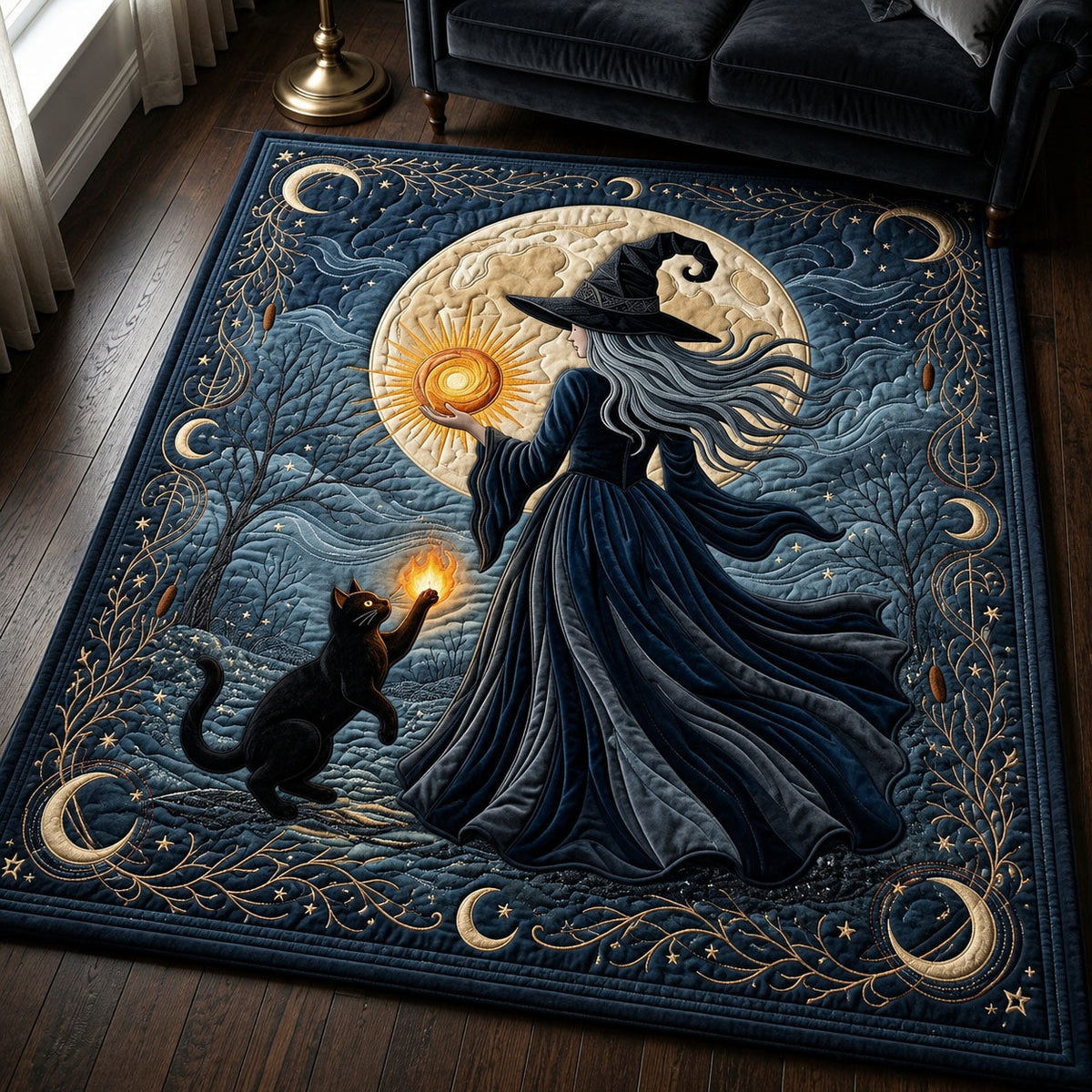 Witch With Black Cat area rug in a living room