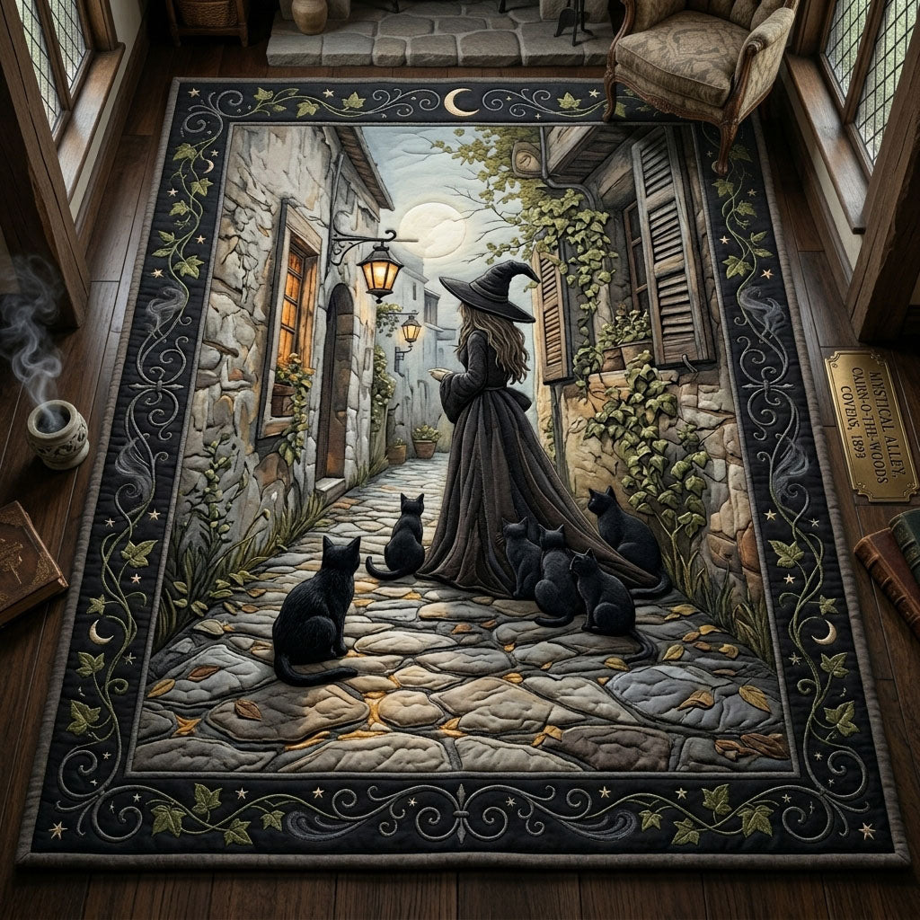 Witch With Her Cats area rug in a living room
