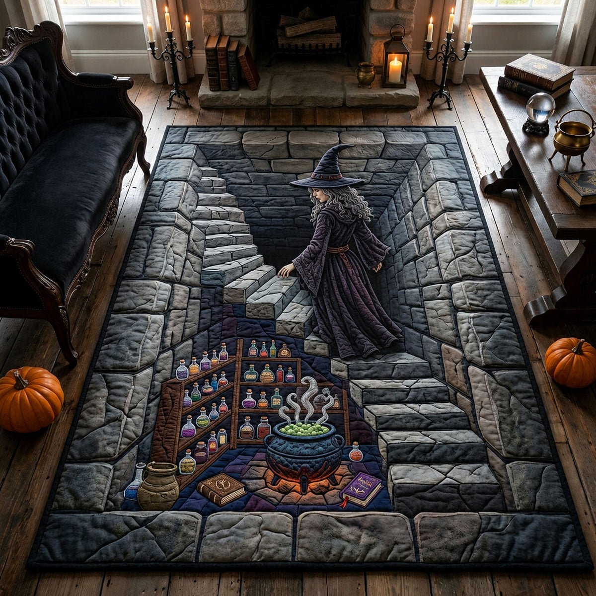 Witch's Cellar area rug in a living room