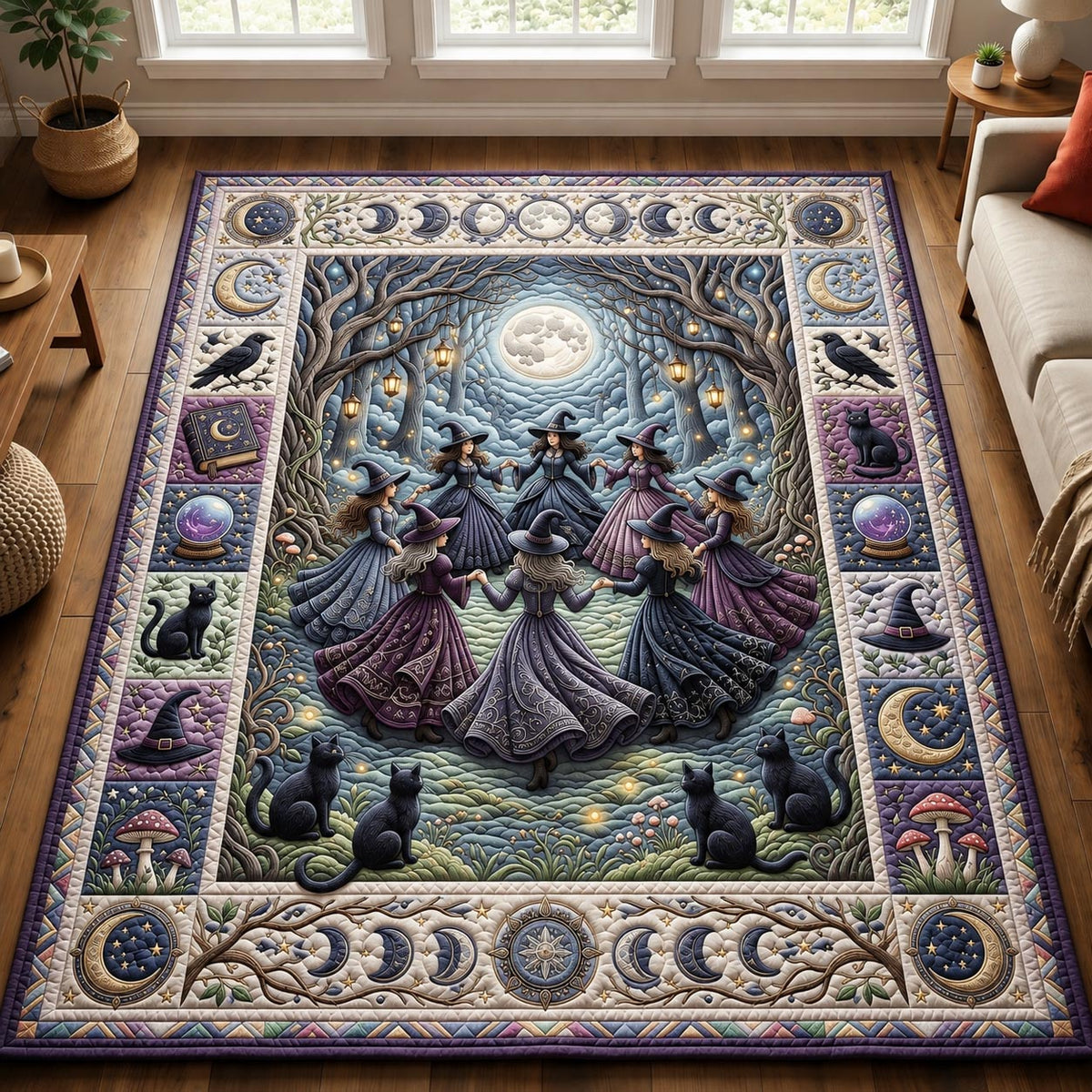 Witches Coven area rug in a living room
