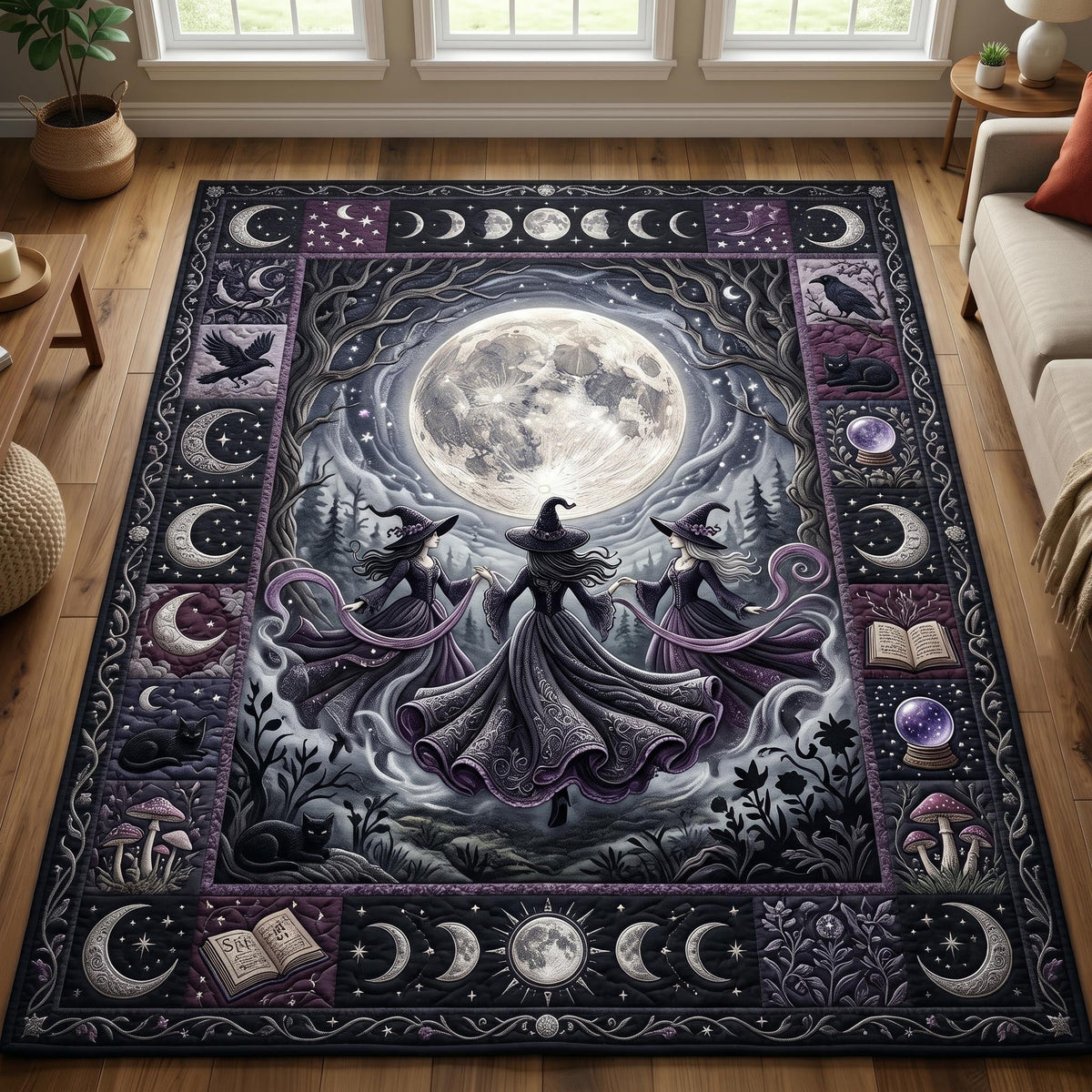 Witches Coven area rug in a living room