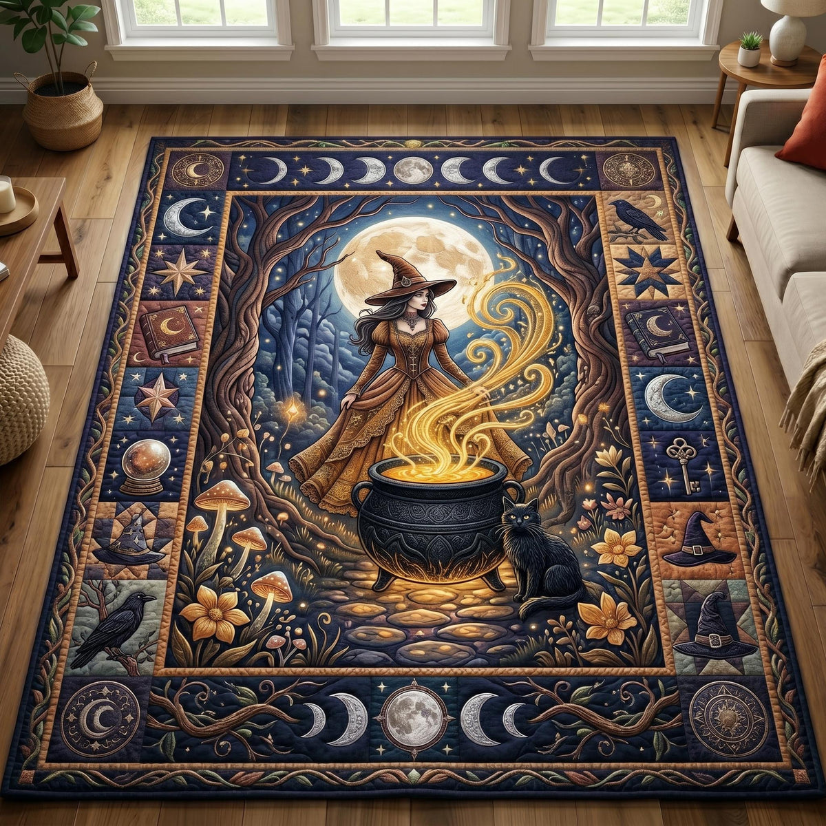 Witches Coven area rug in a living room
