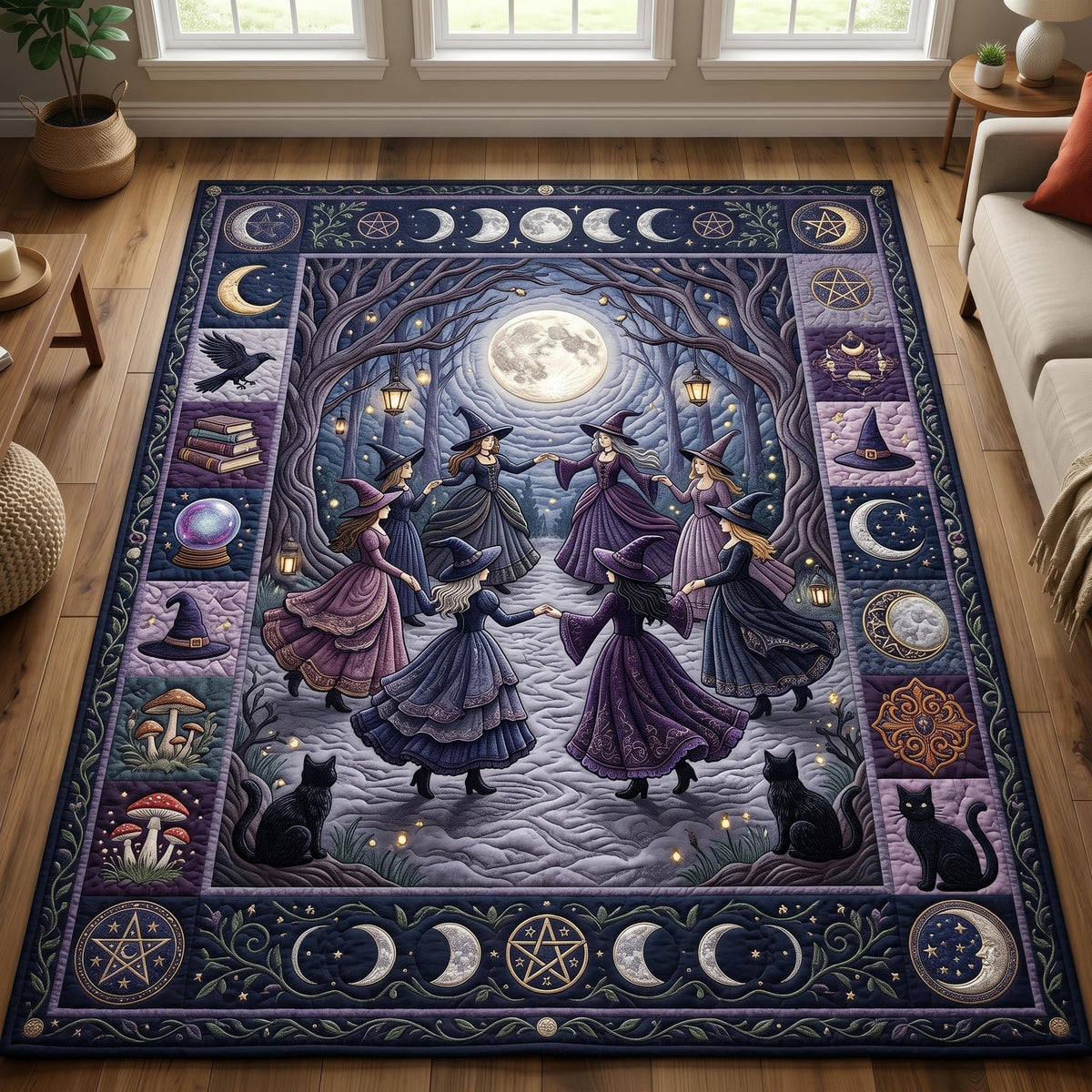 Witches Coven area rug in a living room