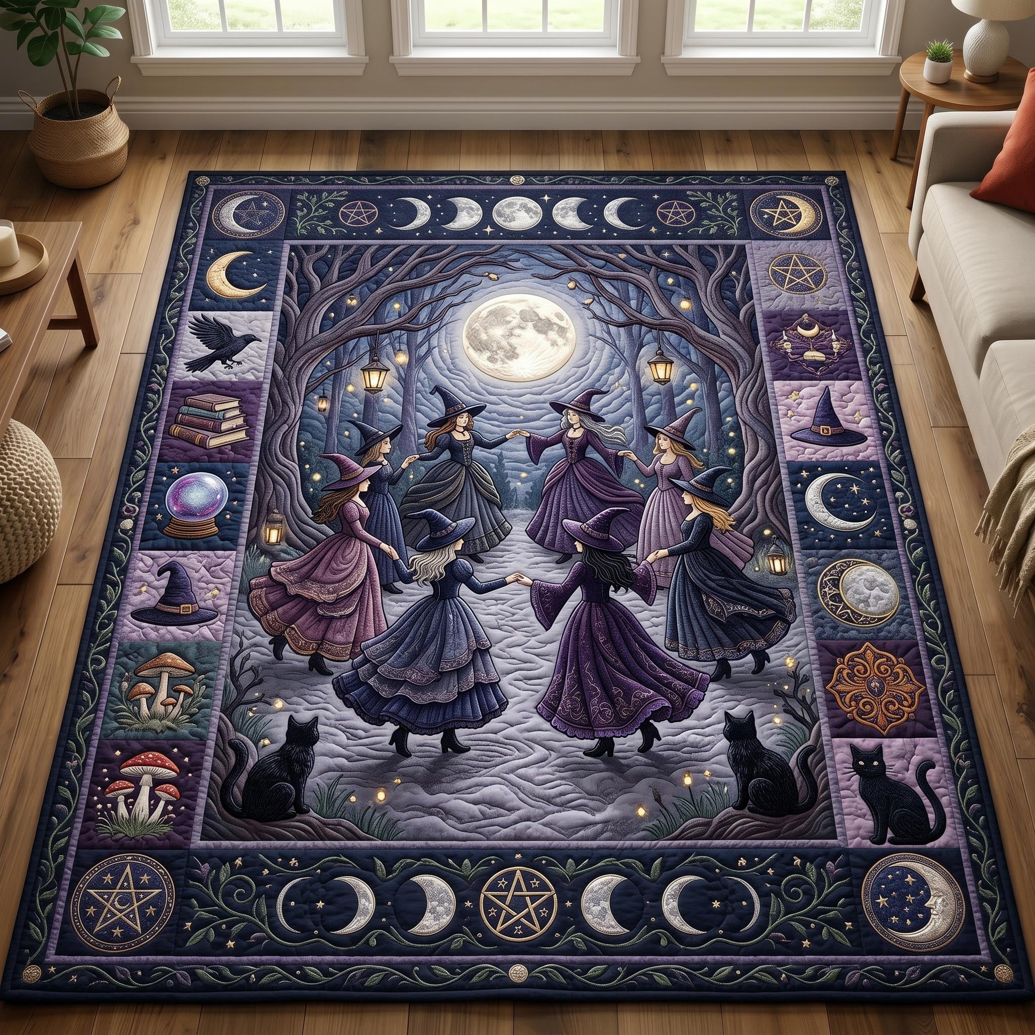 Witches Coven area rug in a living room