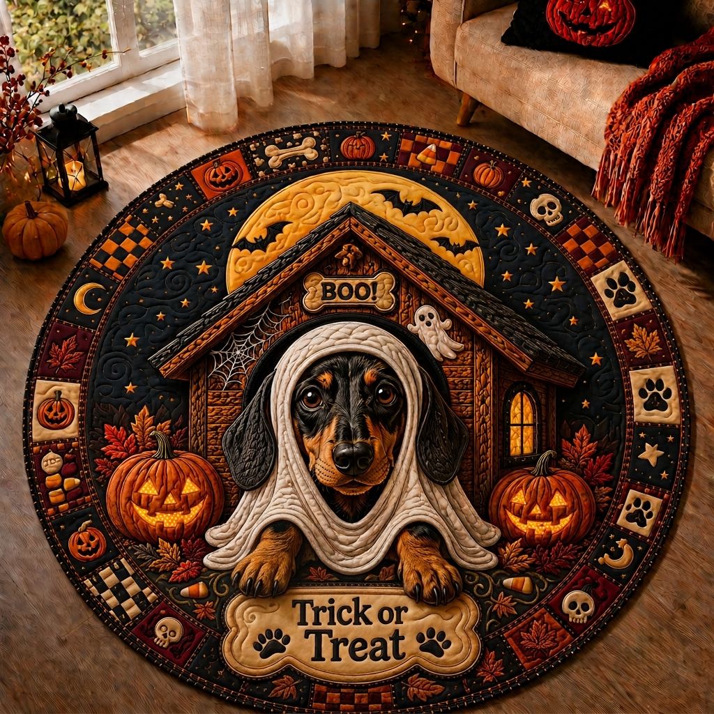 Witchy Dachshund Round Mat Rug - Seasonal Design | Festive Home Decor - washable non-slip printed rug