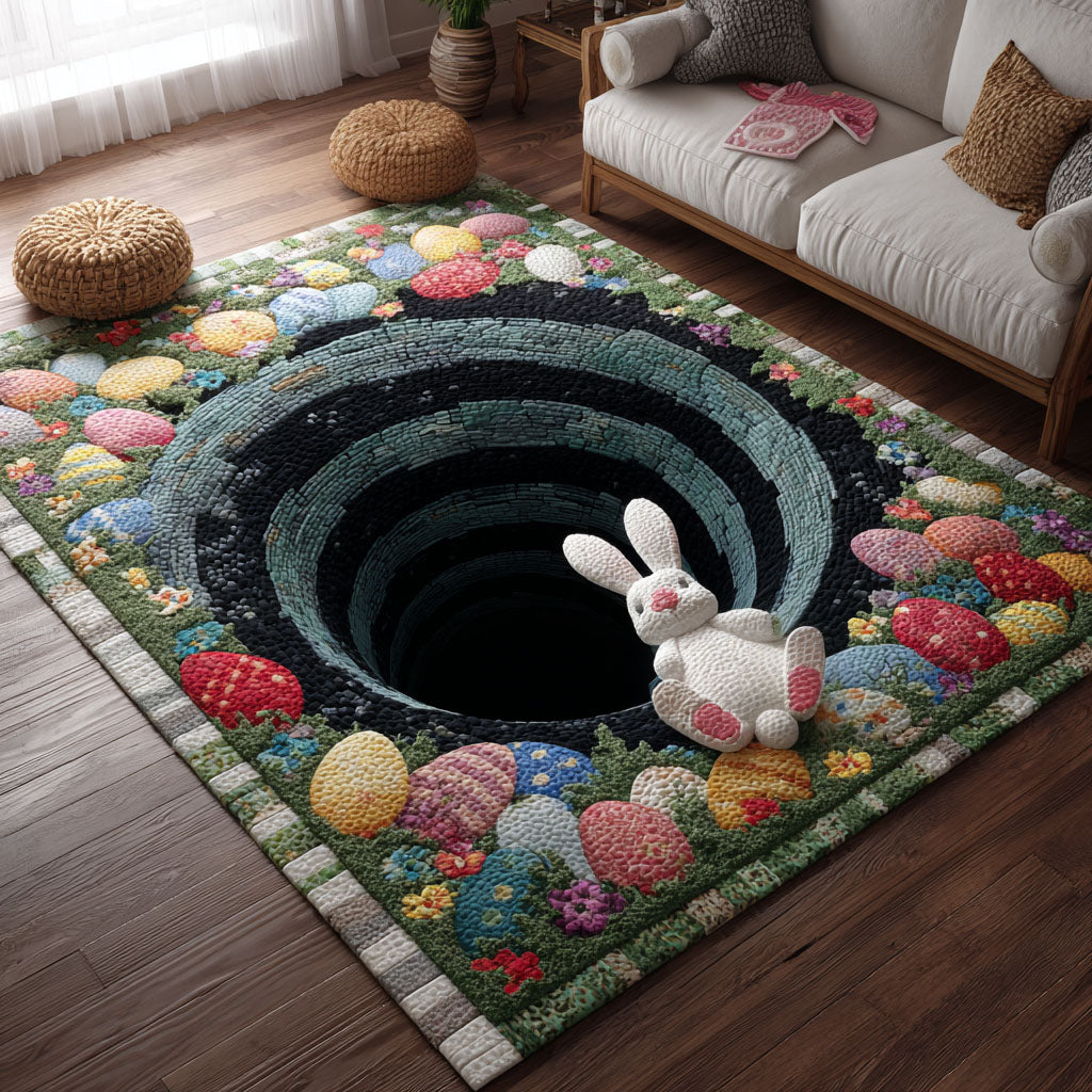 Wonderland Rabbit Drop area rug in a living room