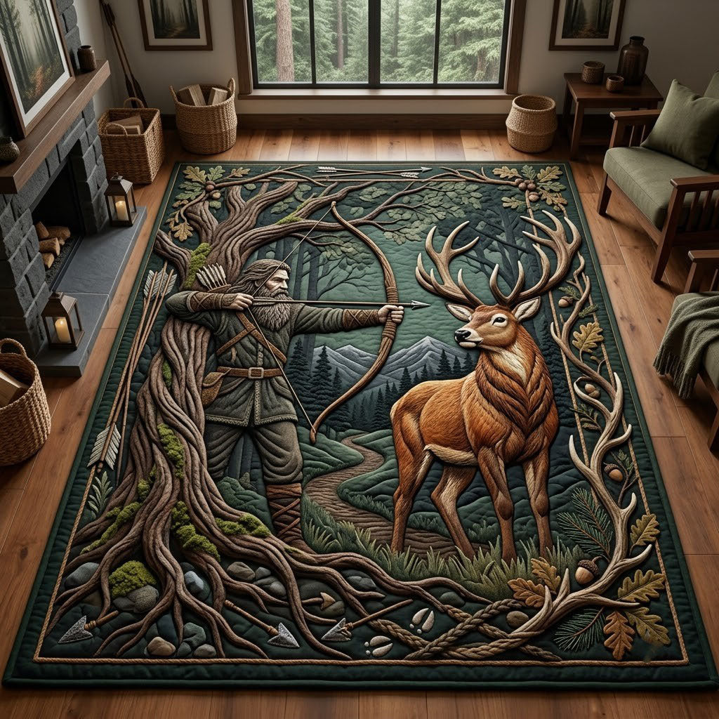 Woodland Archer And Elk area rug in a living room