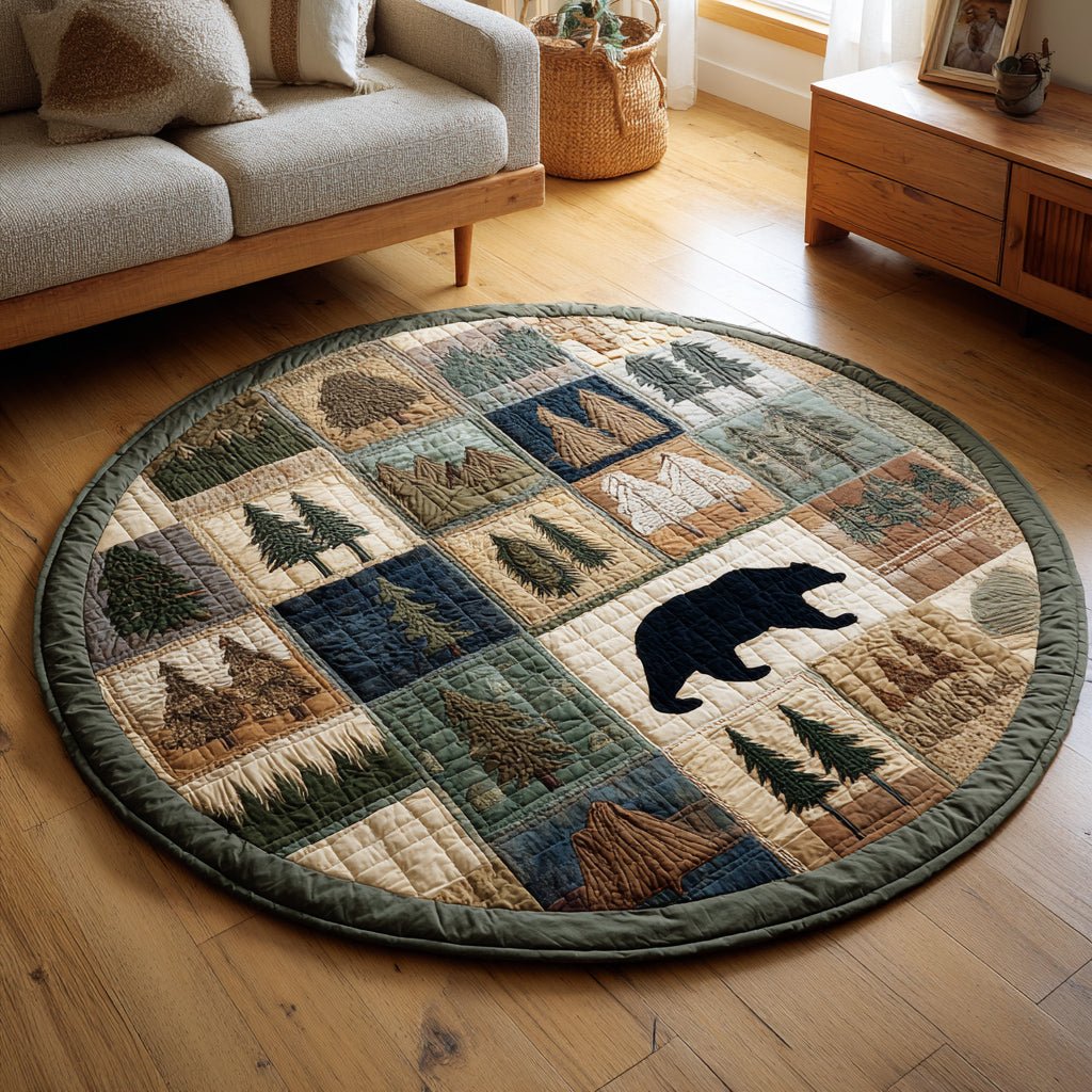 Woodland Block Bear Round Mat Rug - washable non-slip printed rug