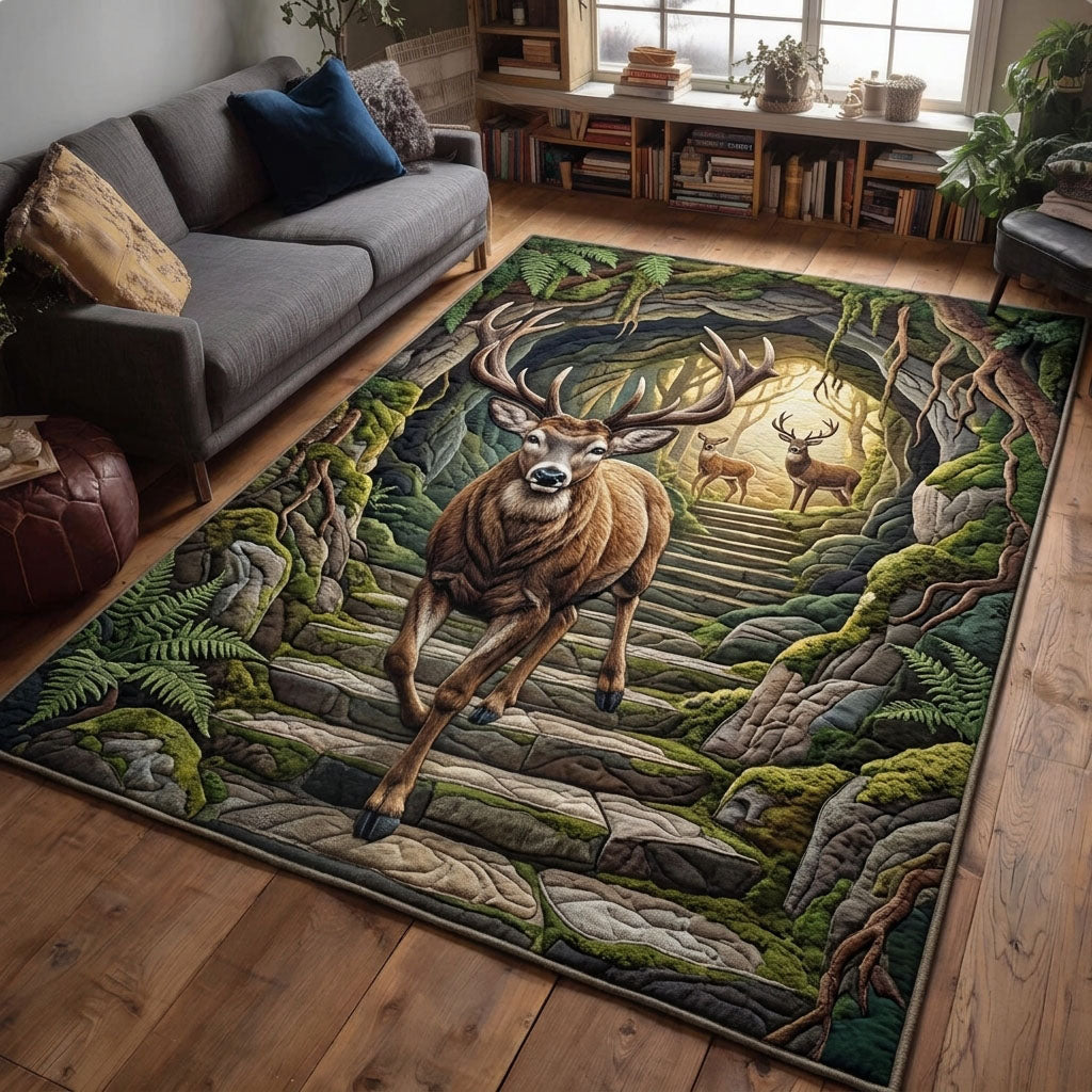 Woodland Cave Deer area rug in a living room