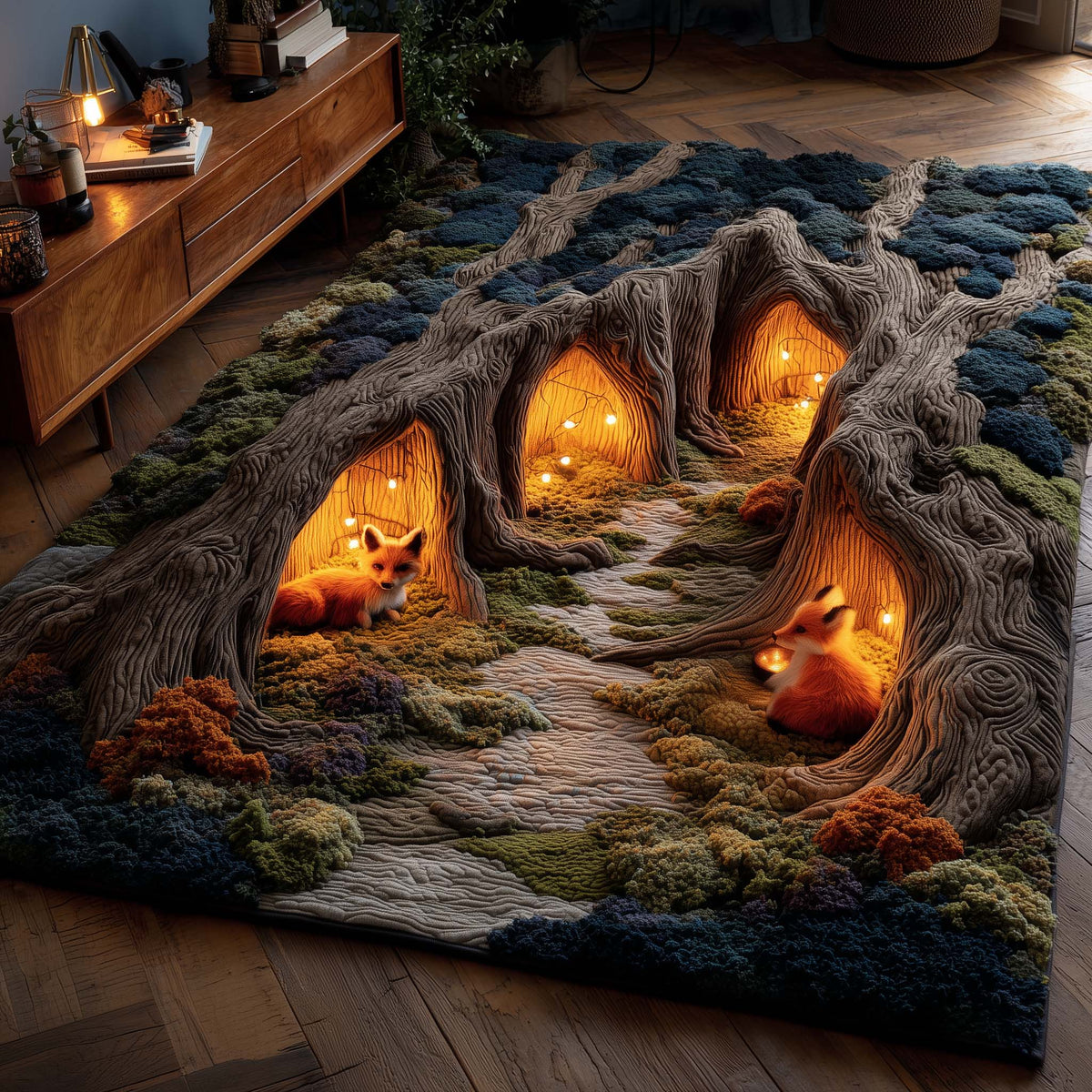 Woodland Den area rug in a living room