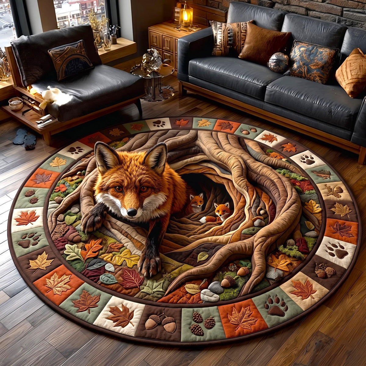 Woodland Fox Round Mat Rug - Cute Animal Design | Charming Home Decor - washable non-slip printed rug