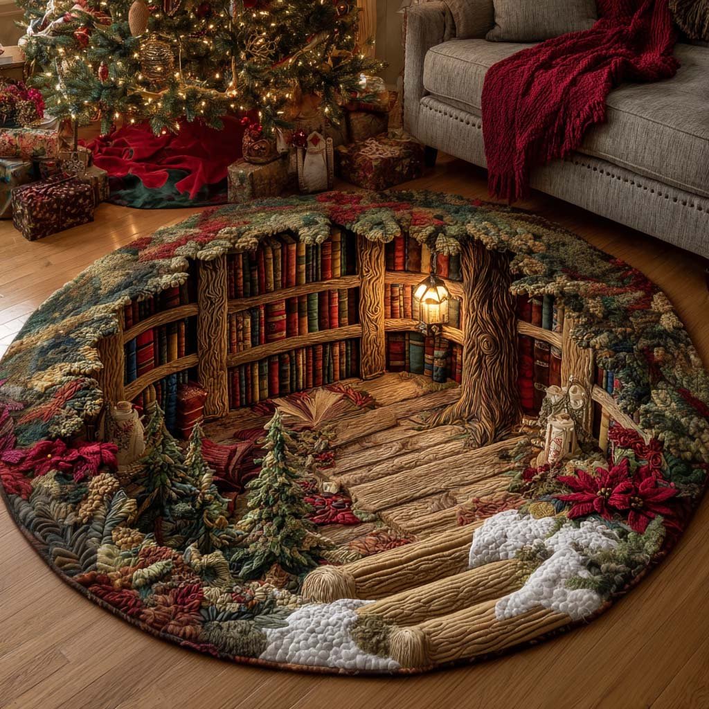 Woodland Library Round Mat Rug - washable non-slip printed rug