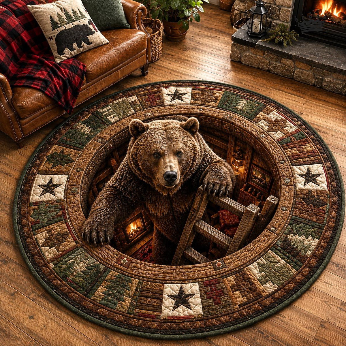 Woodland Lodge (Design 3) Round Mat Rug - washable non-slip printed rug