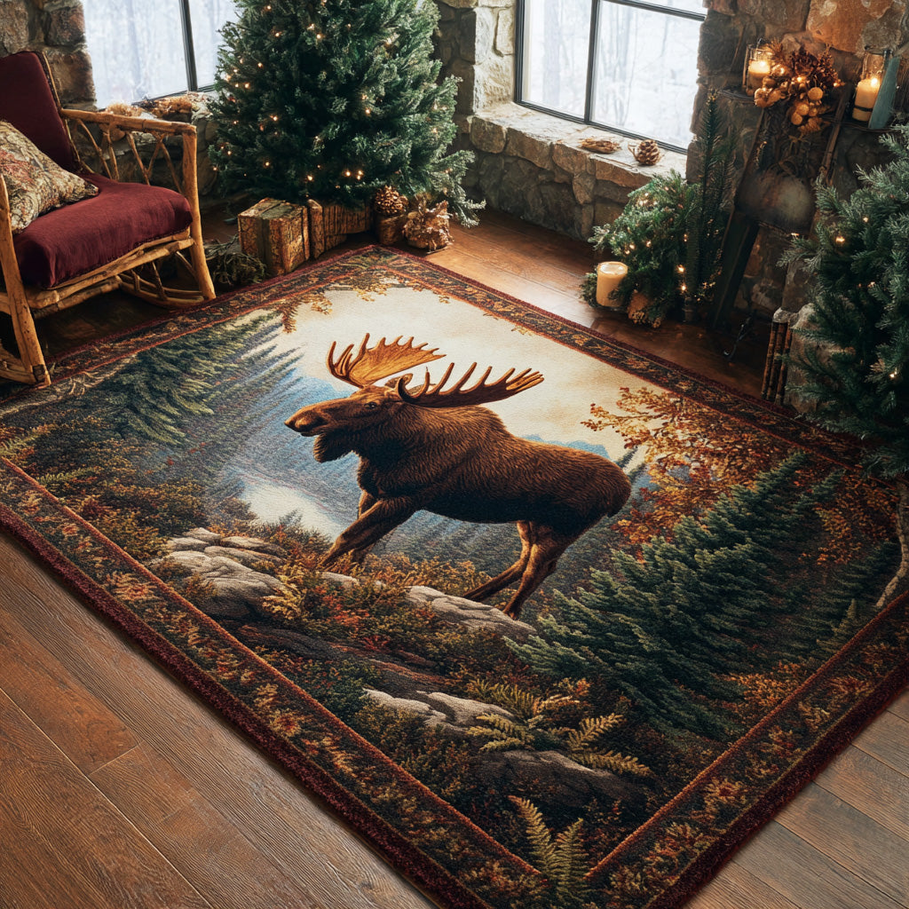 Woodland Moose area rug in a living room