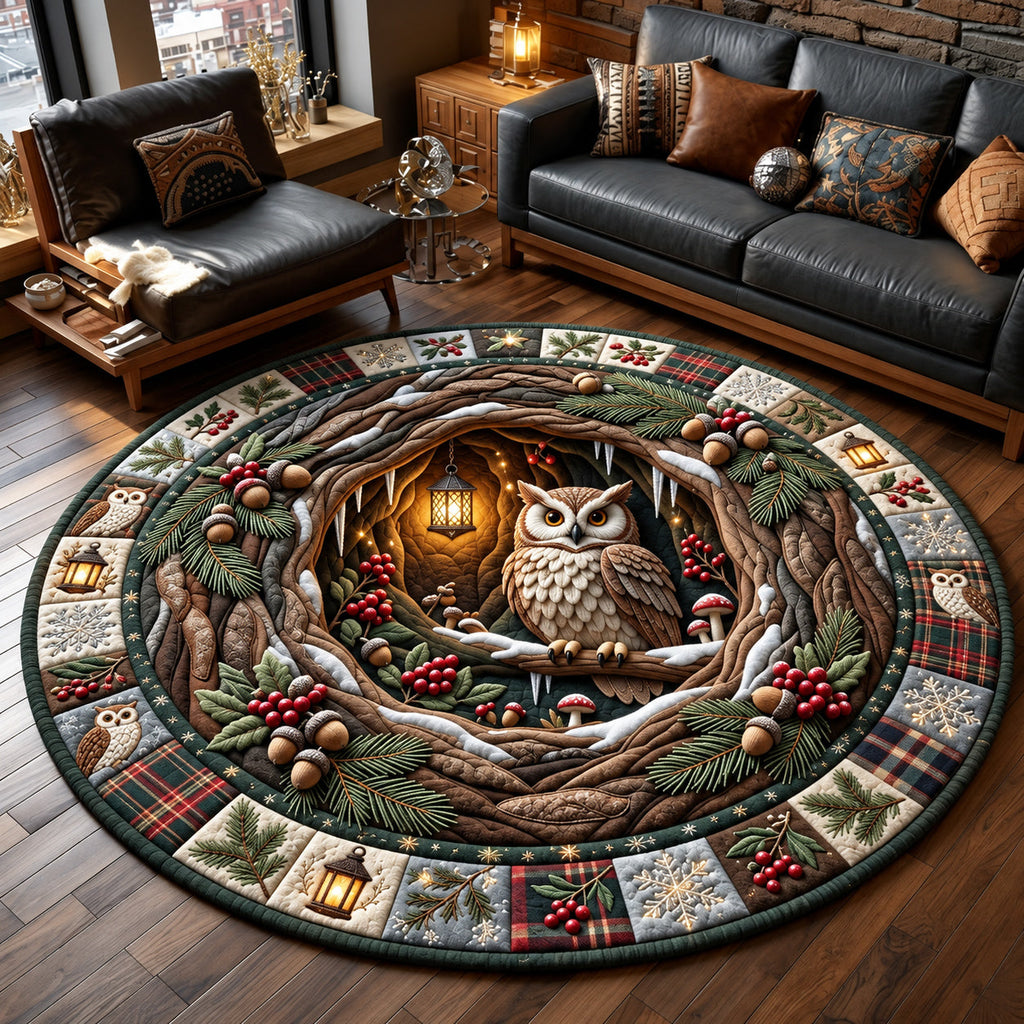 Woodland Owl Round Mat Rug - Cute Animal Design | Charming Home Decor - washable non-slip printed rug