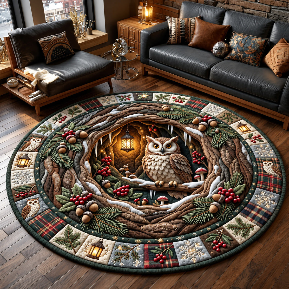 Woodland Owl Round Mat Rug - Cute Animal Design | Charming Home Decor - washable non-slip printed rug