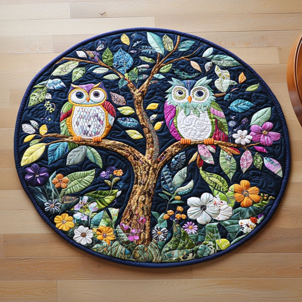 Woodland Owls Round Mat Rug - washable non-slip printed rug