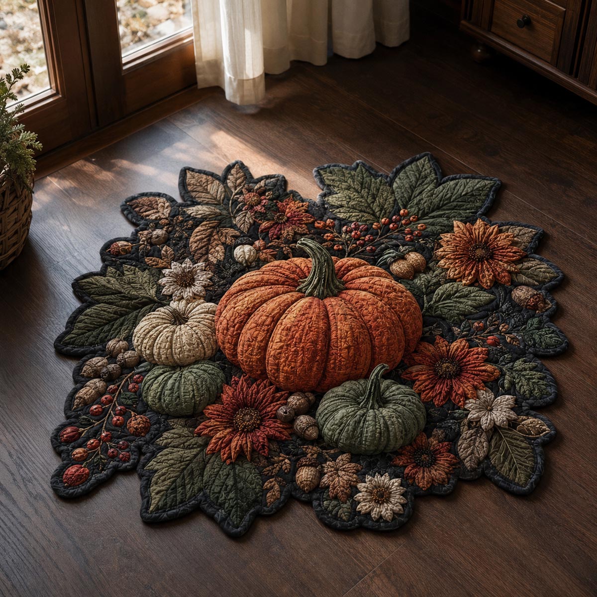 Woodland Pumpkin Bouquet Custom Shape Area Rug - Seasonal Design | Die-Cut Non-Slip Rug - washable non-slip printed rug
