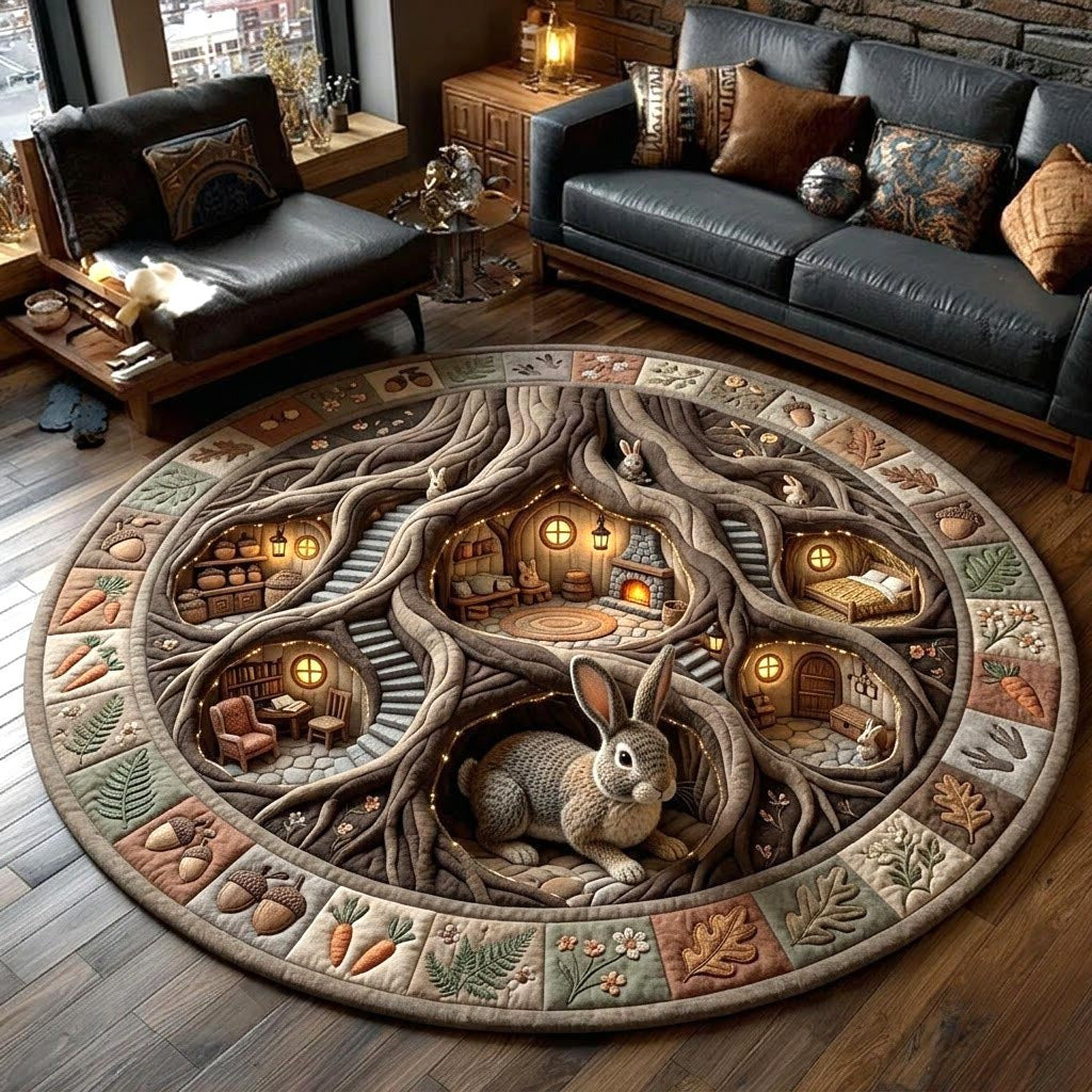 Woodland Rabbit Round Mat Rug - Cute Animal Design | Charming Home Decor - washable non-slip printed rug