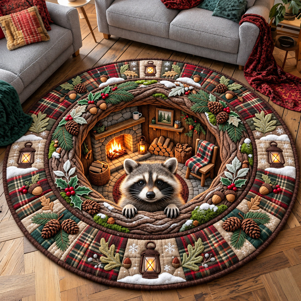 Woodland Raccoon Round Mat Rug - Nature Design | Serene Home Decor - washable non-slip printed rug