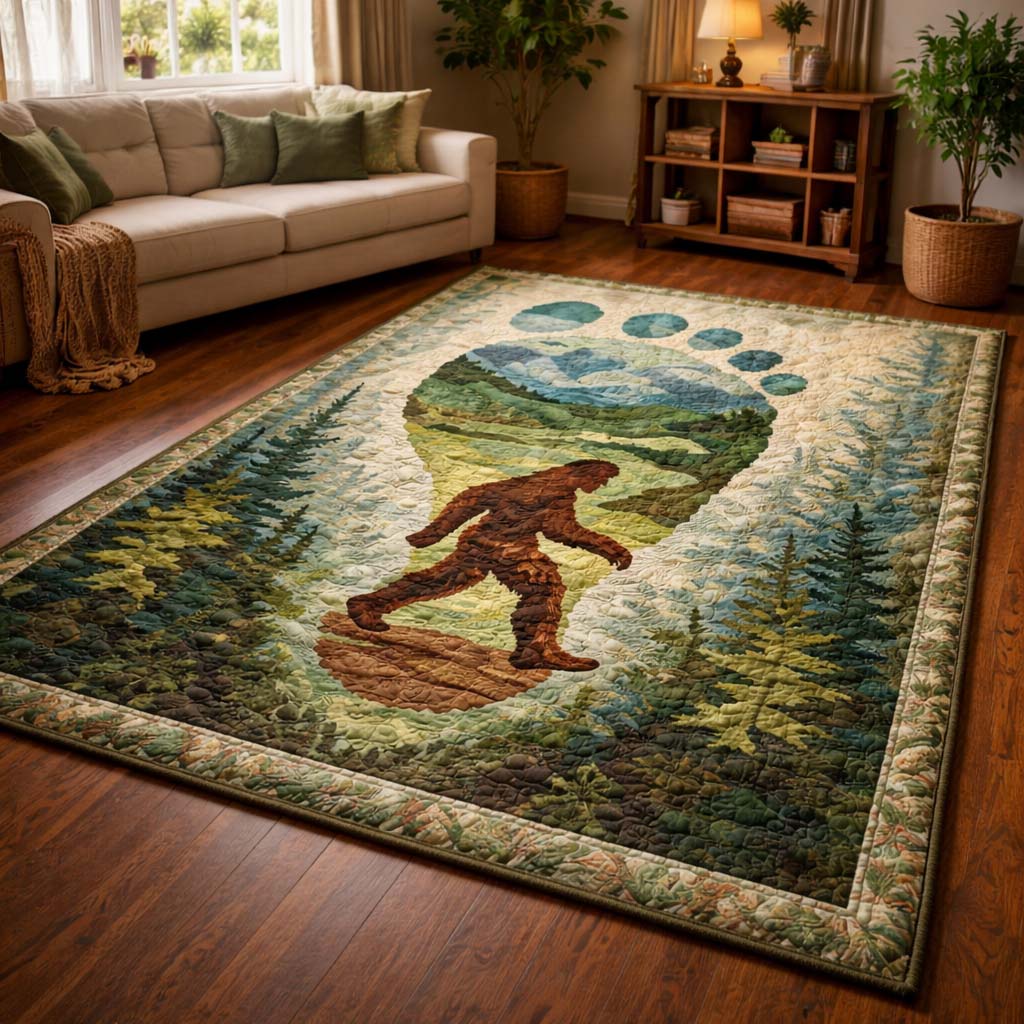 Woodland Trail Bigfoot area rug in a living room