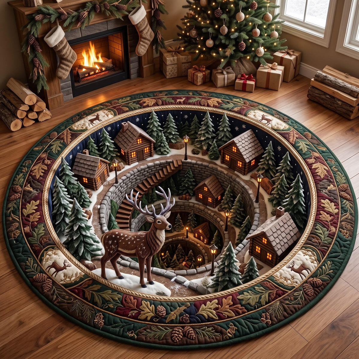 Woodland Village Round Mat Rug - Nature Design | Serene Home Decor - washable non-slip printed rug