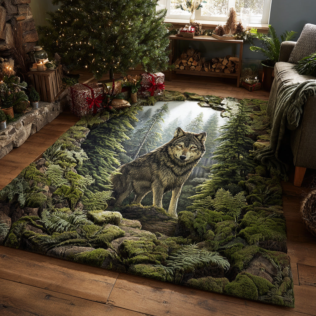 Woodland Wolf area rug in a living room