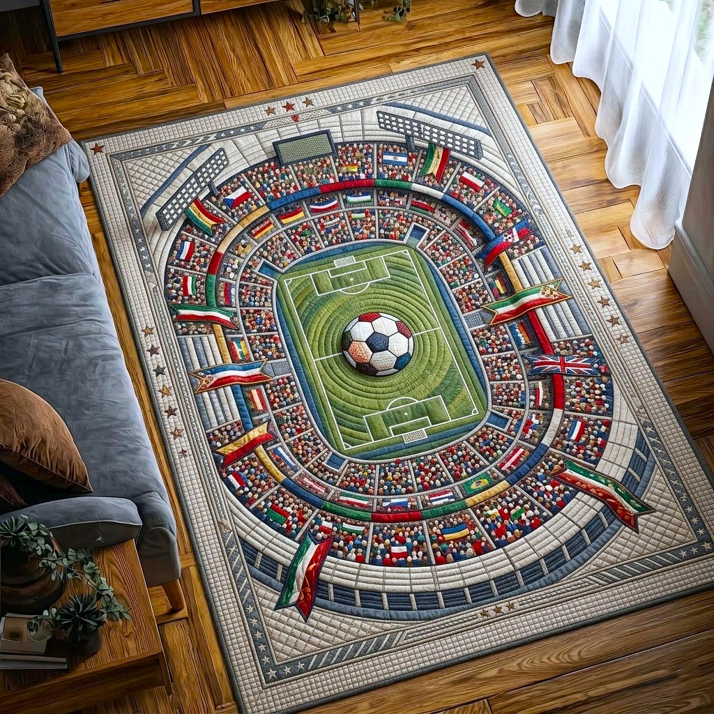 World Soccer area rug in a living room