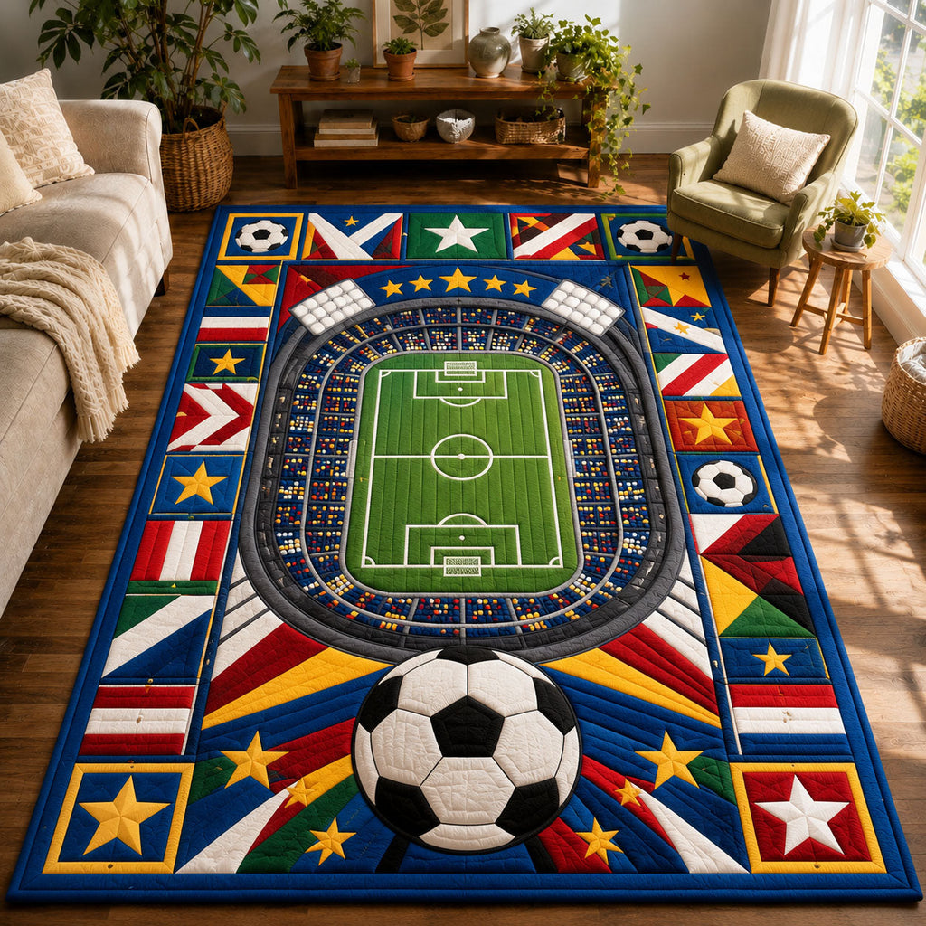 World Stadium Soccer Stars area rug in a living room