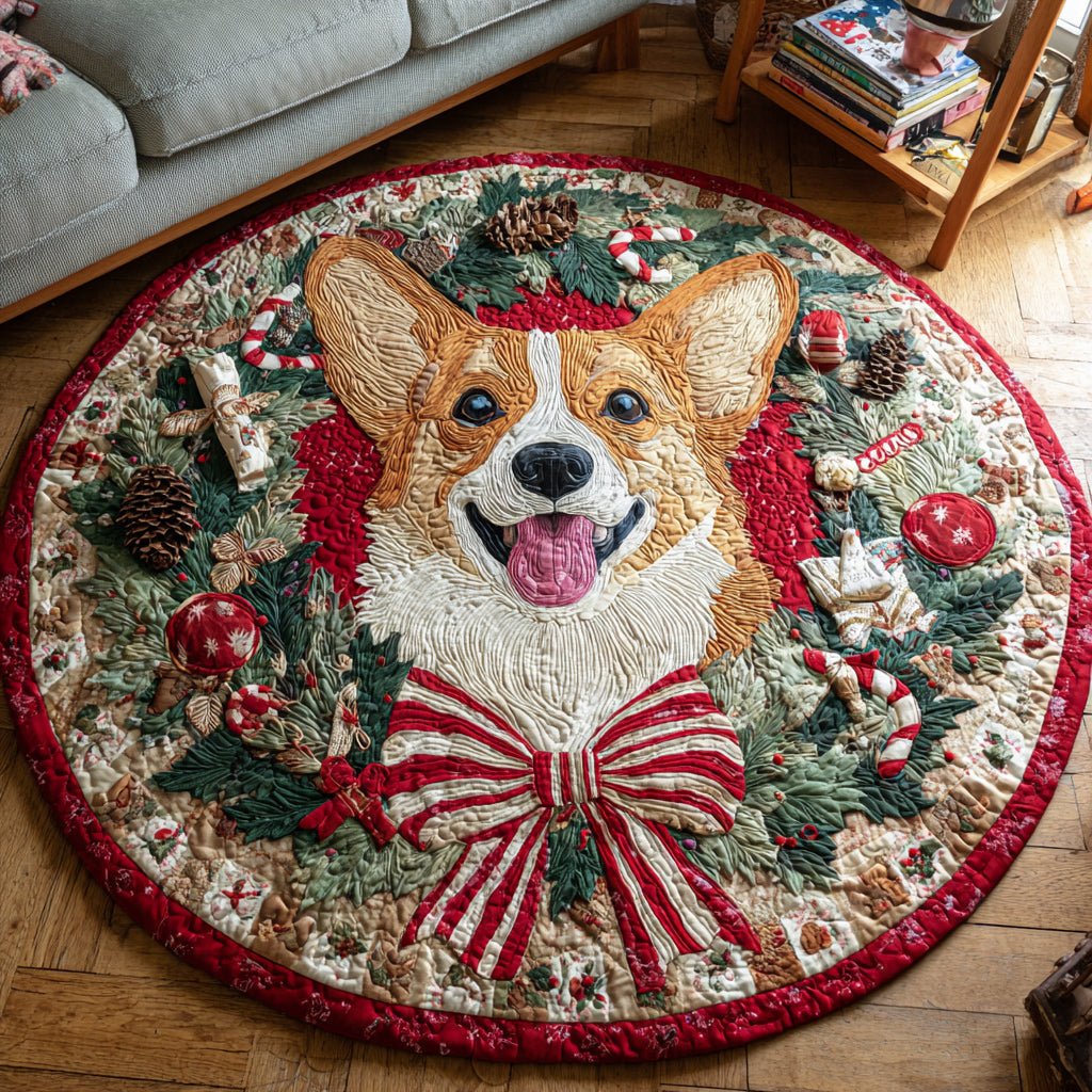 Wreath Corgi Joy Round Mat Rug - washable non-slip printed rug