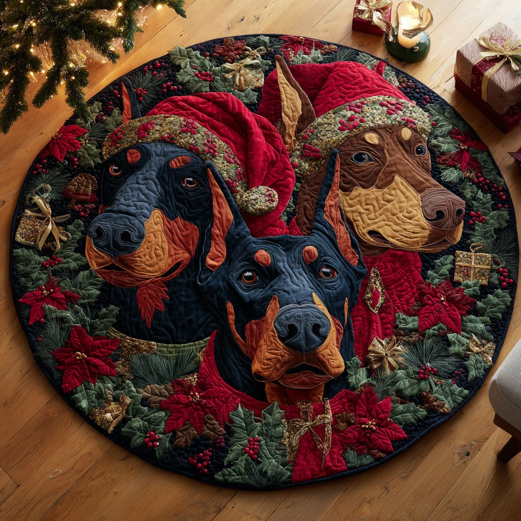 Wreath Doberman Pack Round Mat Rug - washable non-slip printed rug