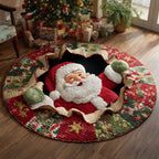 Wreath Santa Christmas Round Mat Rug - washable non-slip printed rug