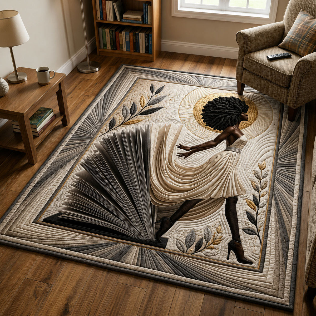 Writing a New Chapter area rug in a living room