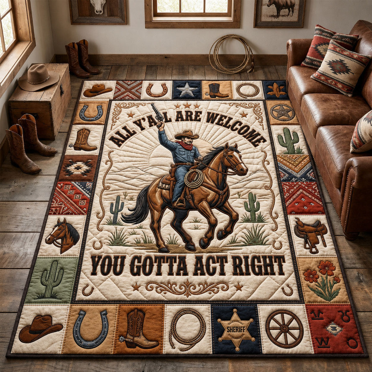 You Gotta Act Right area rug in a living room