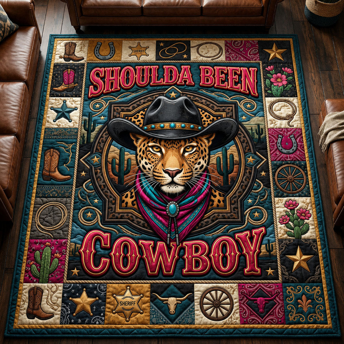 You Shoulda Been Cowboy area rug in a living room