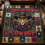 You Shoulda Been Cowboy area rug in a living room