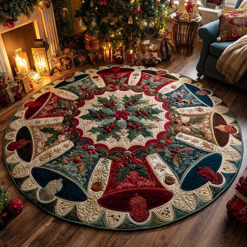 Yuletide Bells Christmas Round Mat Rug - washable non-slip printed rug
