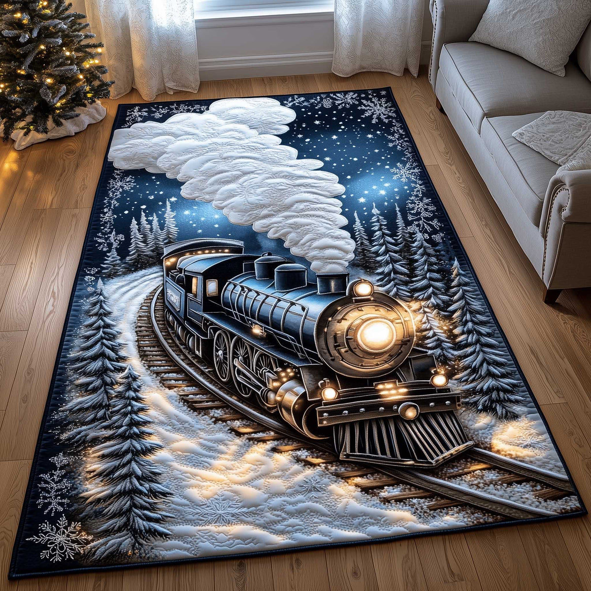 Yuletide Express area rug in a living room