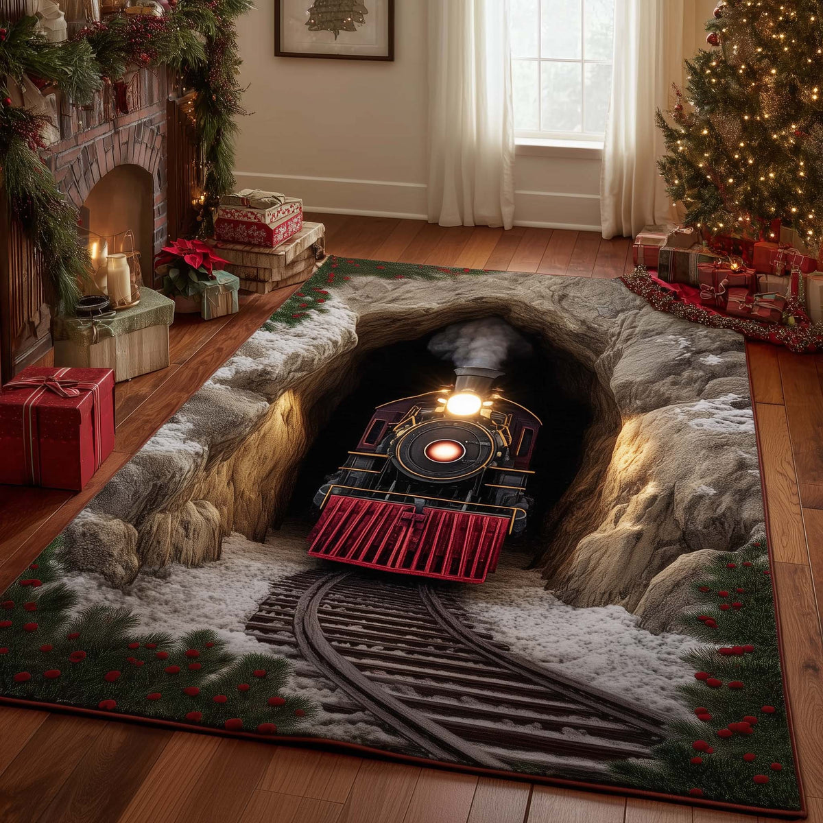 Yuletide Express area rug in a living room